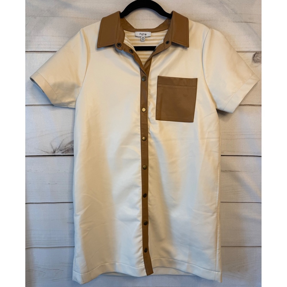 Fate Faux Leather Mini Dress Cream Tan Short Sleeve Snap Front FD8675 Medium